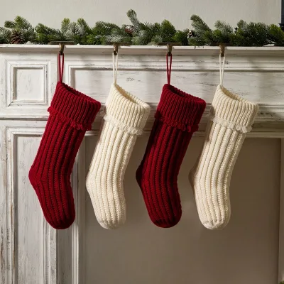 2025 New Beige Large Candy Wool Xmas Decorations 18'' Striped Christmas Stockings With Tassels