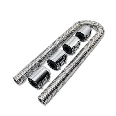 AUSO Silver 48" Stainless Steel Radiator Flexible Coolant Water Hose Kit Caps Seal Universal Fitment Model SRQ16/17/18 New