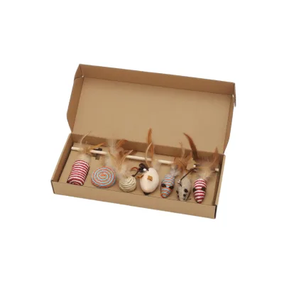 Household Eco-Friendly Cute Kitten 7-Piece Wood & Feather Interactive Entertainment Toy Set with Chew Toys for Cats