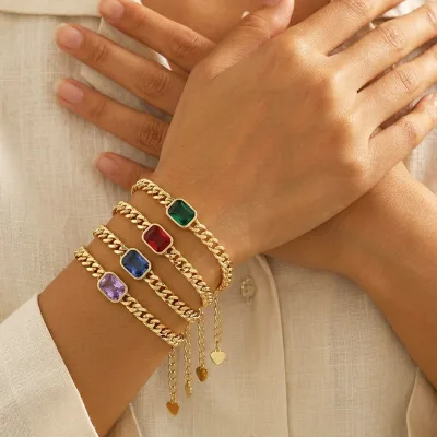 Custom Geometric Rectangular Cut 12 Month Birthstone Bracelet 18K Gold Plated Cubic Link Chain Bracelet Women Fashion Jewelry