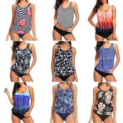 New Tends Women's Conservative Swimdress Sexy V Neck Tankini with Solid & Print Pattern Two Piece Beachwear Bikini
