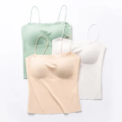 Ladies Solid Wireless Sports Vest Sleeveless Slim Tops Ice Silk Brassiere Camisole With Removable Bra Pad