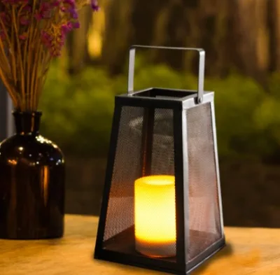 2024 Hot Sale Waterproof Solar Powered LED Candle Black Metal Lantern for Outdoor Use
