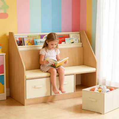 New Arrival Solid Wood 3-Tier Dust-Proof Picture Bookshelf with Storage Bench & Kids' Reading Nook