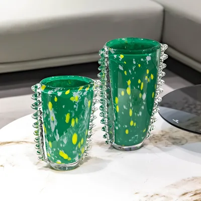 Bohemian Straight Hand-Blown Yellow Speckled Glass Bud Vase Beaded Dots Wavy Sculptural Centerpiece for Office Table Decor