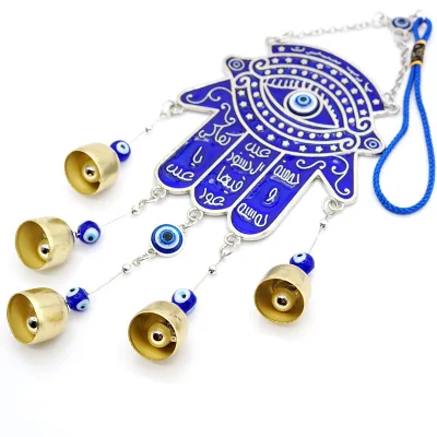 Blue Evil Eye Ornaments Greek Turkish Demon Eye Metal Fatima Hamsa Palm Wind Chime Pendant Wall Decoration