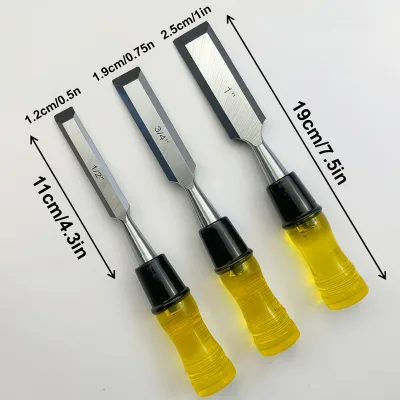 1225mm Yellow Transparent Through-Handle Chrome-Vanadium Steel Wood Chisels Three-Piece Set Plastic Handles Model 033