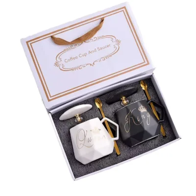 King Queen Coffee Mug Set with Lid & Golden Spoon, Diamond Shape Couple Cup Mug Gift Box for Wedding