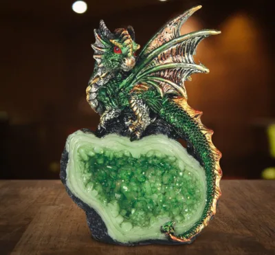 new Polyresin/Resin figurine dragon Green Dragon Standing on Faux Crystal Stone Statue 4"H Figurine Room Decor