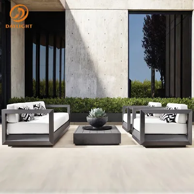 Modern Aluminum Outdoor Lounge Set Grey Box Frame Patio Deep Seating Chair Cushions and Patterned Pillows for Garden Villa Hotel