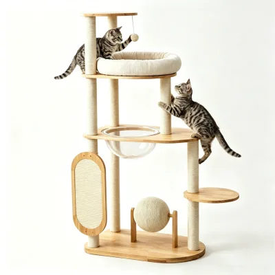 Hot Sale Solid Rubber Wood Cat Tree Sisal Covered Scratching Posts Modern Solid Wood Cat Tree with Scratching Post