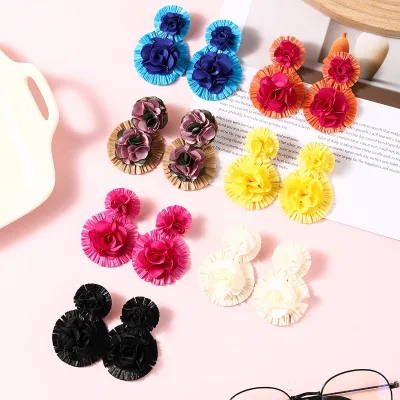 Bohemian Women Rattan Drop Earrings Handmade Braided Colorful Floral Fabric Flower Earrings