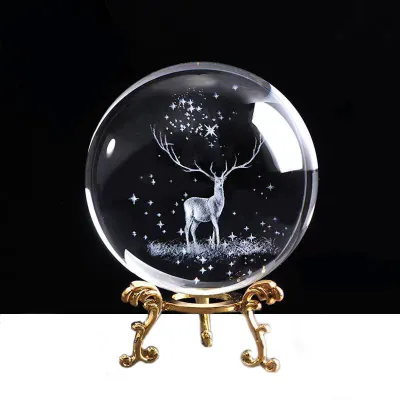 80mm Clear Crystal Ball with 3D Laser Engraving Polished with Metal Base for Business Gifts and Home Decoration