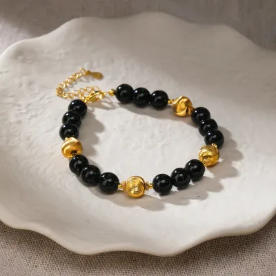 925 Sterling Silver Unisex Bracelet 18K Gold Plated Black Stone Textured Gold Bead Jewelry for Parties and Gifts
