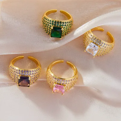 Fashionable Minimalist Luxury Ring - Colored Cubic Zirconia Inlaid, Copper Material, Adjustable Open Ring