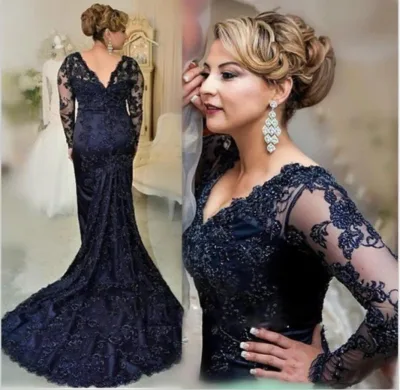 Navy Blue Lace Mother of the Bride Dresses New Elegant V Neck Long Sleeve Mermaid Mother of the Groom Wedding Guest Gowns