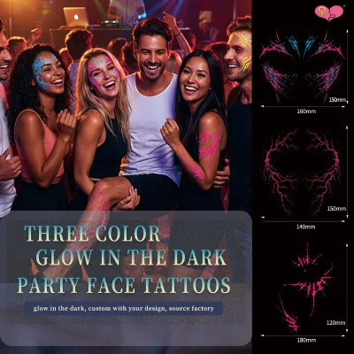 3 Colors Glow in the Dark Temporary Face Tattoos, UV Blacklight Reactive Neon Party Tattoos for Rave & Festival