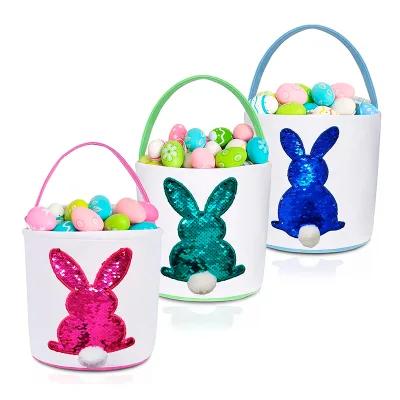 Custom Canvas Easter Basket With Sequins Embroidered For Kids Easter Party Decoration