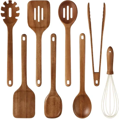 CAROTE Acacia Wood 8-Piece Kitchen Utensil Set with Non-Stick Spoons Spatulas & Turners-Long-Lasting