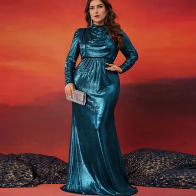 Long Sleeve Glitter Maxi Dress for Mother of the Bride Ruched Elegant Formal Gowns Women Mermaid Party Ball Dresses Plus Size