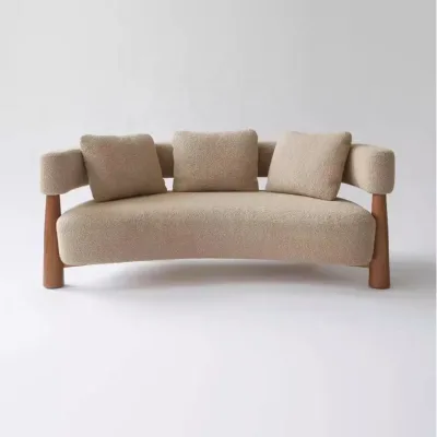 Oatmeal Boucle Curve Sofa Rounded Arms Solid Wood Legs Plush Pillows Modern Minimalist WabiSabi Cozy Living Room Furniture
