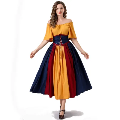 Vintage Dress Color Contrast Patchwork Flying Sleeve Lace-up Waist Princess Dress One-line Shoulder Gown Skirt Pompadour Dress