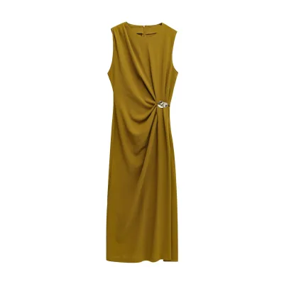 Spring New Women's Pleated Decoration Temperament Round Neck Sleeveless Slit Midi Dress