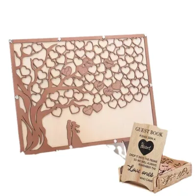 Custom Engraved Wood Wedding Guest Book OEM Tree of Life Heart Drop Frame Wooden Guest Signing Board Wedding Decor Bulk Supply