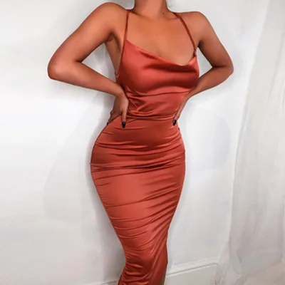 Spaghetti Strap Backless Party Dress Club Evening Sexy Bodycon Satin Dresses for Women D434