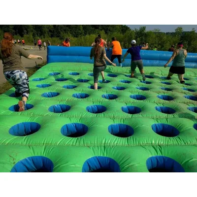 Inflatable Green Hole Obstacle Run Mat Blow up Human Hole Challenge Pad With Blue Backstop Wall for Team Building
