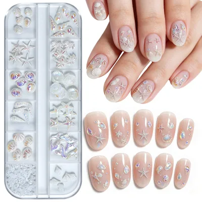 12-Grid Starfish Shell Alloy Nail Art Accessory Kit; Cross-Border Bestseller Aurora Conch Coconut Tree DIY Nail Rhinestone