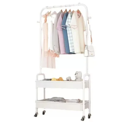 Double-layer Metal Basket Railing Clothes Hanger - Convenient for Moving, Suitable for Bedroom and Living Room