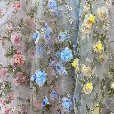 Multi Colored Embroidered Fabric Organza Flower Fabric Transparent Mesh Fabric New Popular American Mesh for Girls Dress