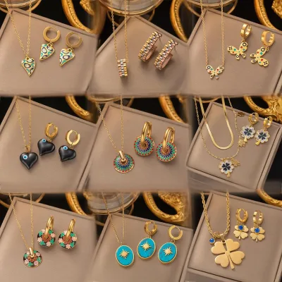 New High-End Stainless Steel Necklace Earring Jewelry Set Oil Colored Plant Jewelry Set Wholesale for Women