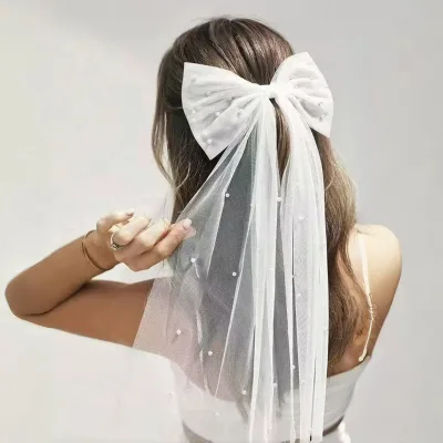 Hot Pearl Rhinestone Bridal Veils Wedding Bow Veil Hair Clips Bride Hair Accessories