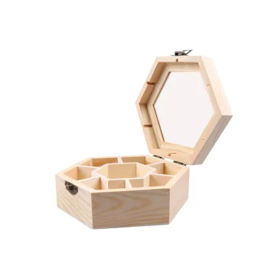 New Unfinished Wood Boxes Wooden Storage Box Hexagonal Wooden Box with Transparent Cover