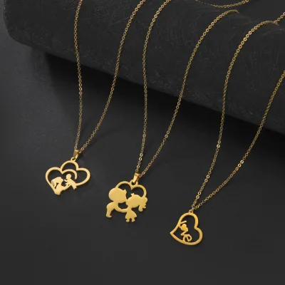 Hollow Overlapping Love Mother Raised Baby Pendant Stainless Steel Necklace Fashion Jewelry Necklaces for Woman