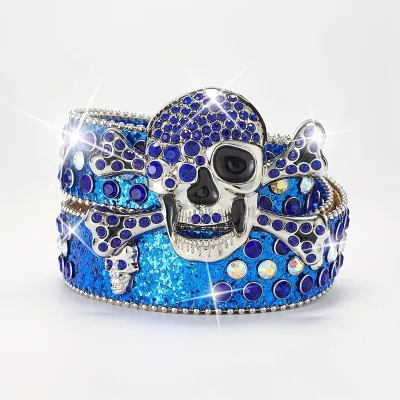 Sapphire Bling Bling Crystal Studded Rhinestone Belt With Metal Skull Buckle
