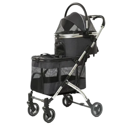 Foldable 4-Wheel Eco-friendly Iron Linen/Oxford Classic Pet Stroller Quick One-Hand Folded Portable Pet Bag Travel Carrier