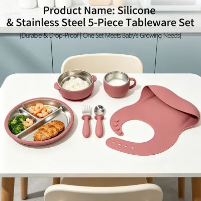 Fubon New Baby Bowl 304 Stainless Steel Kid Cutlery Silicone Baby Feeding Plate Set With Suction Custom Color