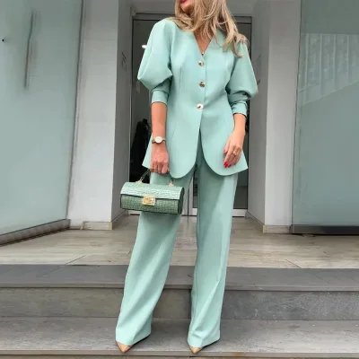 Boutique Wholesale 2024 Autumn New Fashion Solid Color Lantern Sleeves Loose Suit Temperament Commuting Women's Set