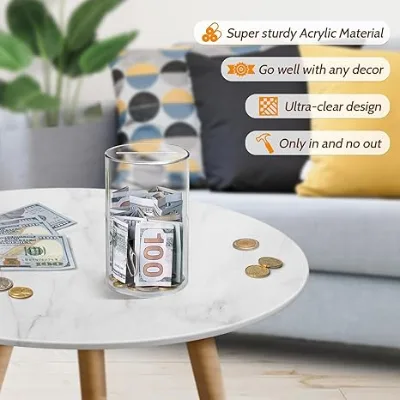 Clear Piggy Bank, Acrylic Piggy Bank for Adults Must Break to Open, Clear Acrylic Piggy Bank Unopenable for Real Money Boys