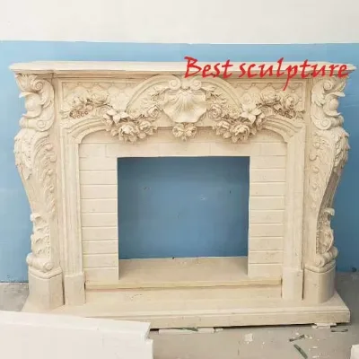 Luxury Rose Flower Shell Carving Stone Fireplace Surround for Villa Indoor Home Decoration