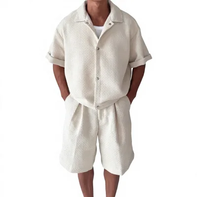 New Spring/Summer Cross-Border Collection Textured Men's Lapel Shirts Casual Sporty Shorts Set Oversized Polyester/Cotton