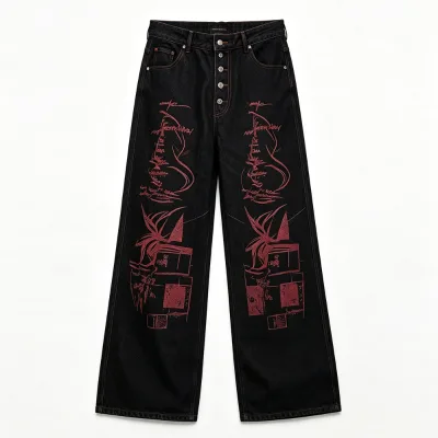 Unisex Baggy Streetwear Trousers Raw Black Denim Graffiti Print High Waist Loose Wide Leg Jeans with Multi-button