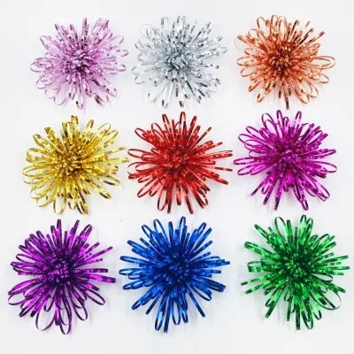 Special Plastic Ribbon Flower Pom Pom Bow for Christmas Metallized Colors PET Ribbon Bow for Wedding Party Home Decoration