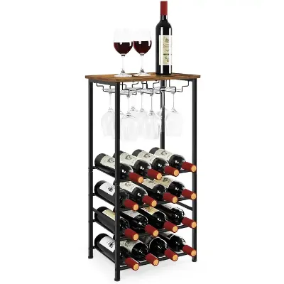 Wine Rack Cart with Wheels 16 Bottles Wine Bottle Holder, Kitchen Cart with Wine Rack and Glass Holder