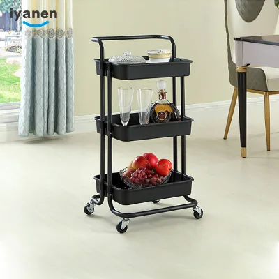 IYANEN 3 Tier Rolling Utility Cart with Handle Plastic Multi-purpose Trolley Makeup Cart Organizer Craft Art Cart