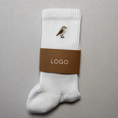 Professional White Ribbed Premium Combed Cotton Custom Bird Embroidery Logo Athletic Man Socks