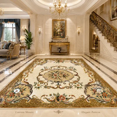 Luxury Handmade Stone Mosaic Carpet Pattern Floor Tile Custom Color Marble Inlay Rug for Bathroom Living Room Hotel Lobby Villa